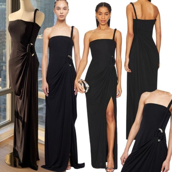 🆕 SIMKHAI 🧿 NWOT Sone Twisted One Shoulder Gown, Silver Ring, Black - Sz US 6 - Picture 1 of 16